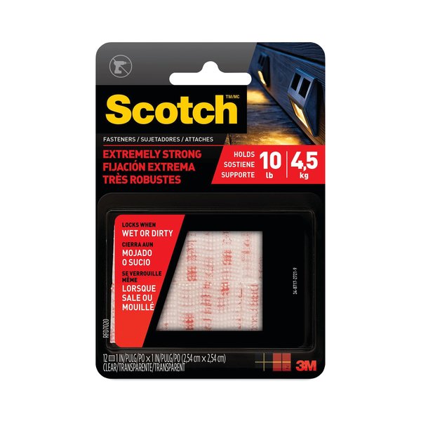 Scotch Reclosable Fastener Shape, Square, Rubber Adhesive, 1 in, 1 in Wd, Clear, 6 PK RFD7020